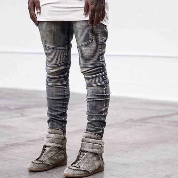 Kanye West styles biker Jeans rock Mens Hip Hop swag Jeans Washed Skinny motorcycle Denim pants Men Elastic Retro Joggers