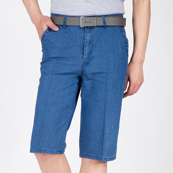 Summer Thin Men's Jeans High Waist Trousers Elastic Cotton Stretch Jeans Pants Loose Fit Denim knee length Trousers male 