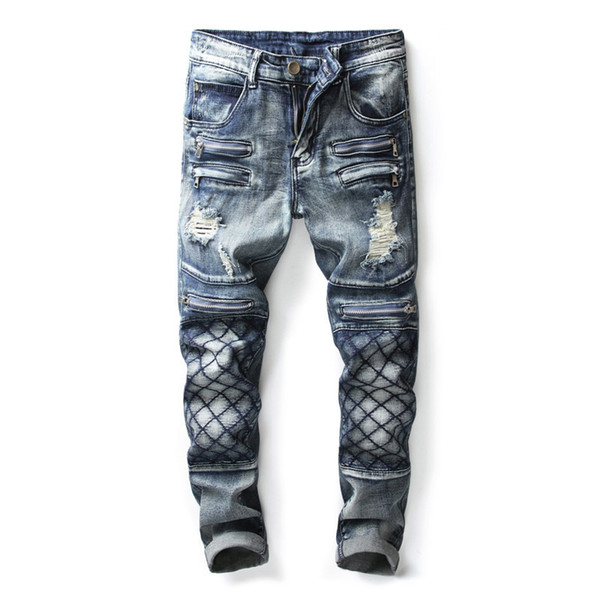 MORUANCLE Fashion Men's Ripped Motorcycle Denim Pants With Multi Zippers Slim Fit Straight Distressed Biker Jeans Trousers