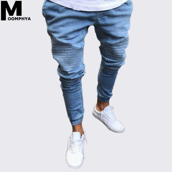 Moomphya Pleated streetwear biker skinny jeans men Hip hop biker mens jeans Stylsh Brand denim homme