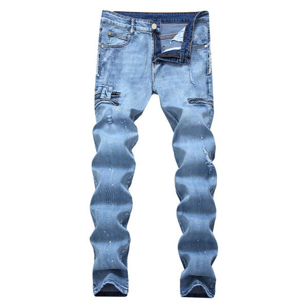 Straight Hole Jeans Pants Men Fashion Casual Denim Trousers Pockets Slim Street Wear Plus Size