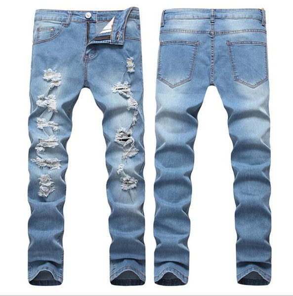 28-42 New European and American personality hole jeans street fashion men's stretch slim feet pants