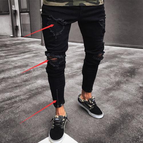 Thefound Fashion Men Ripped Skinny Jeans Destroyed Frayed Jeans Slim Fit Denim Pant Jean Zipper