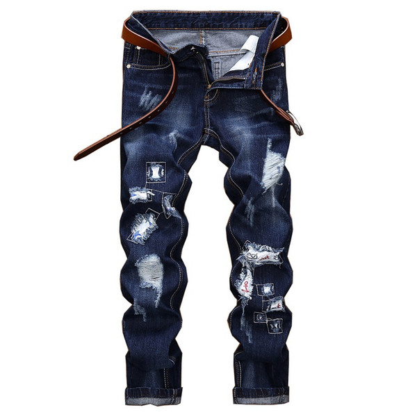 2018 New Spring Fashion Hole Blue Jeans Men Long Trousers Cotton Classic Straight Jeans Plus Size 42 Blue,2040#