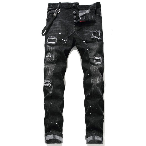 European American jeans Men slim jeans pants mens denim trousers zipper black hole Pencil Pants for men 1049