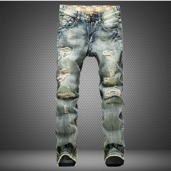 Men's jeans hole nostalgic trade more fabric frayed red flag at the end bad denim trousers mens cool jean male long pants