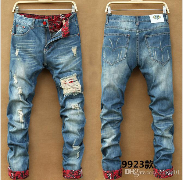 Men's Slim Skinny Pants Runway Straight Elastic Denim Pants Destroyed Ripped Jeans