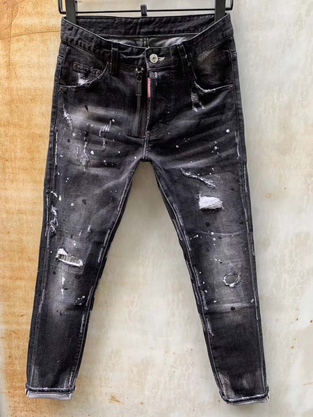 2019 men's Korean version of the fashion tide male black good version of the micro-elastic hole wash paint point slim jeans male