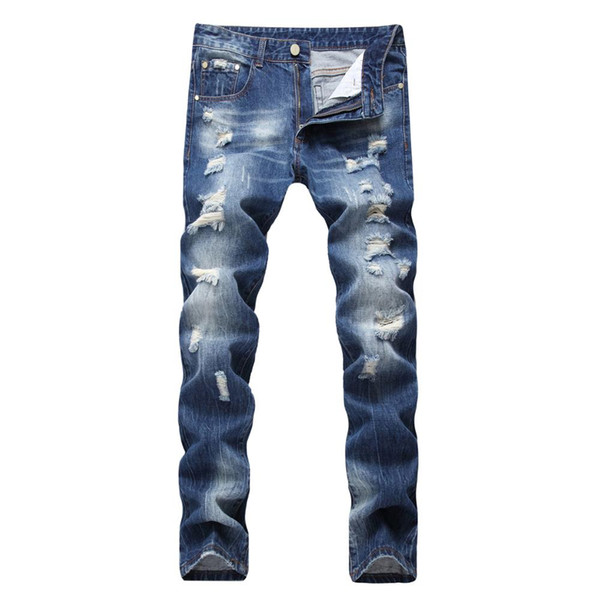 Wholesale- NEW Night Club Button Biker Jeans Men Hole Denim Blue Ripped Jeans Distressed Trousers 28-42 High Quality Cotton Plus Pants