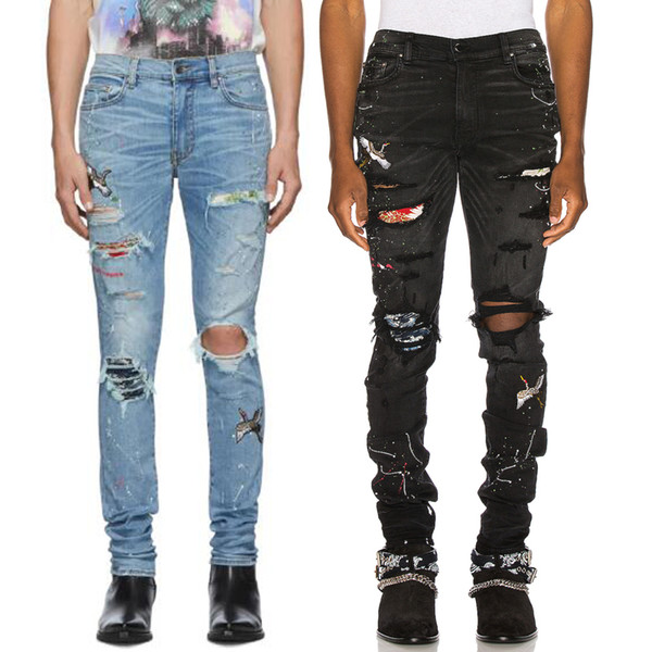 Embroidery Art Patch Stretch Cotton Cowboy Pants Man Painted Effect Skinny Fit Leg Damage Denim Jeans Men