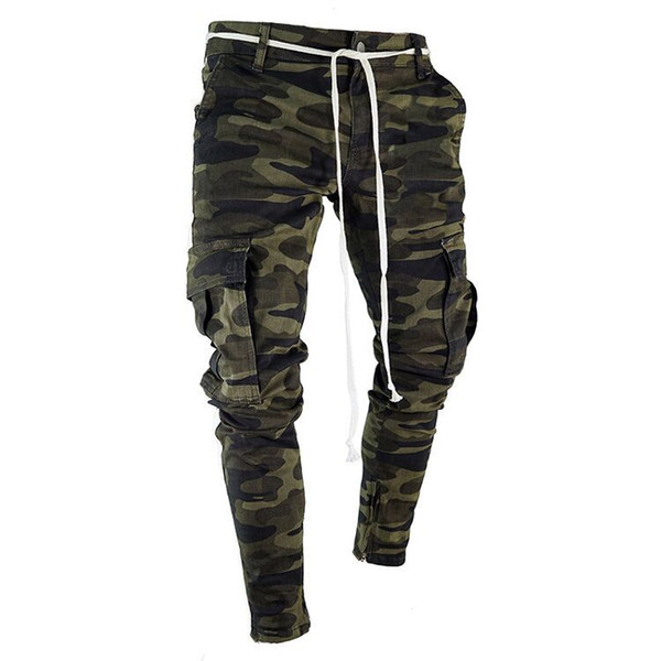 Mens Camouflage Pencil Designer Jeans Fashion Big Pockets Striped Zipper Design Slim Jean Pants