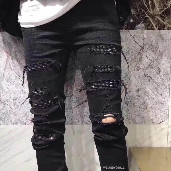 Faux Diamond Rhinestones Biker Paint Patchwork Spliced Frayed Distressed Wash Destroy Jeans Slim Trousers Ripped Denim Men Pants