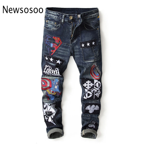 European American Style mens jeans luxury Men straight denim trousers Slim blue Patchwork zipper jeans for men