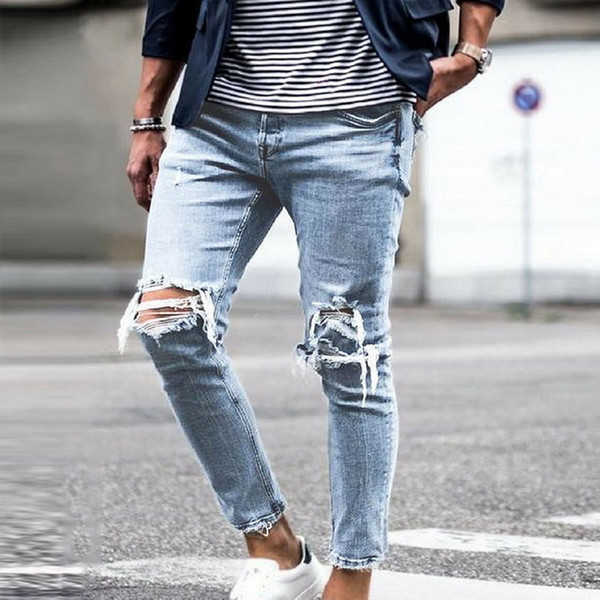 Vertvie Men Ripped Jeans Casual Skinny Jean Destroyed Hole Slim Fit Denim Pants Male Ankle Elastic Denim Jean Trouser Streetwear