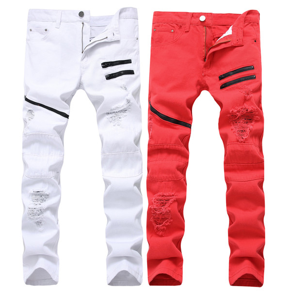 LONGBIDA 3 Colors Mens Biker Jeans Fashion Distressed Zipper Jeans Broken Skinny Pencil Pants Ready to Ship