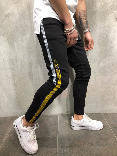 LONGBIDA Printed Mens Jeans Street Style Skinny Denim Pants Black Jeans with Side Stripes Fashion Jeans for 4 Seasons