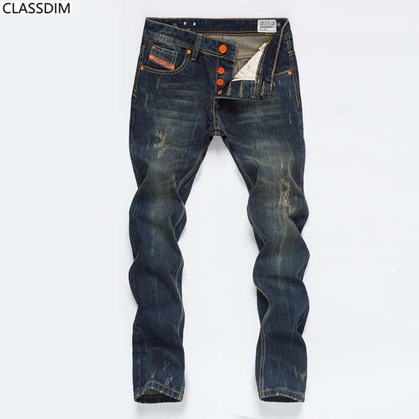 Men's Brand Quality Cotton Jeans Men 's Button Fly Classic Retro Fashion Jeans Classic Blue Simple Jeans Size 28-38