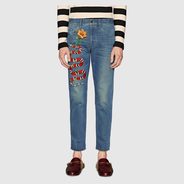 Men's Pure Blue Luxury Quality Italian Style Jeans Men's High Quality Straight Flower Snake Embroidered Jeans