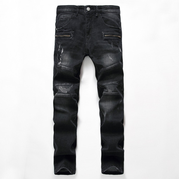 Men's Locomotive Jeans Men's Brand High Quality High Elastic Small Fold Hole Fashion Black Jeans Size 28-38