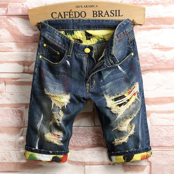 Men's Summer Beggar Hole Jeans Shorts Men's Summer Fashion Thin Knee Length Denim Shorts Straight Jeans Shorts