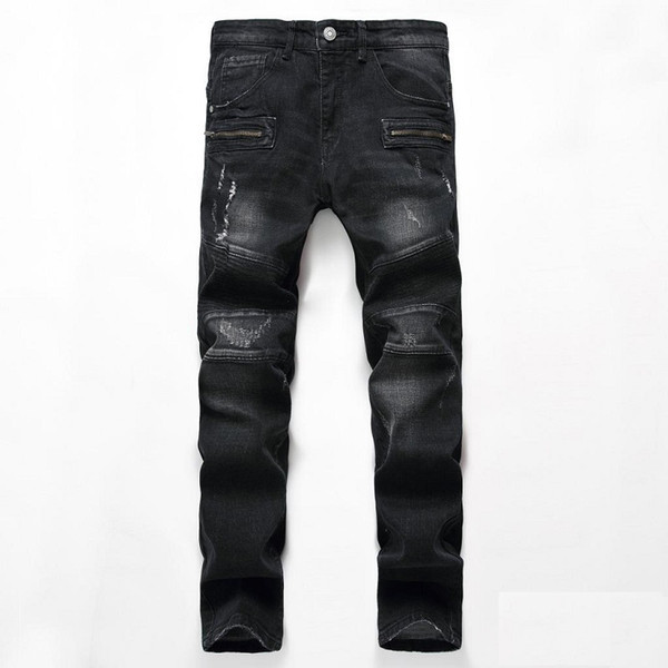 Men's Locomotive Jeans Men's Brand High Quality High Elastic Small Fold Hole Fashion Black Jeans Size 28-38