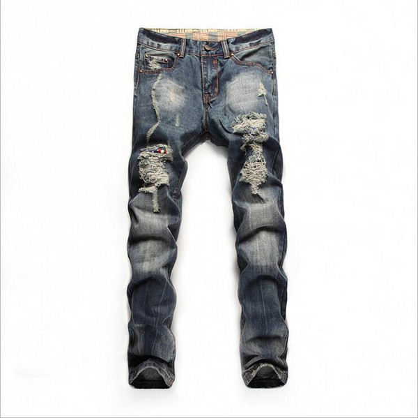 Original New Hole Patch Men's European Style Jeans Men's Youth Fashion Cotton Straight Jeans Light Blue Jeans