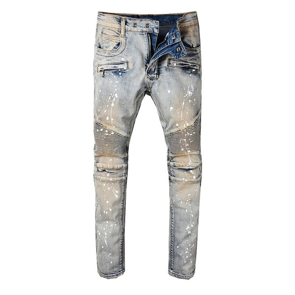 Balmain New Fashion Hi-Street Mens Destroyed Jeans With Zippers Ripped Hip Hop Jeans With Holes On the Knee Distressed Denim