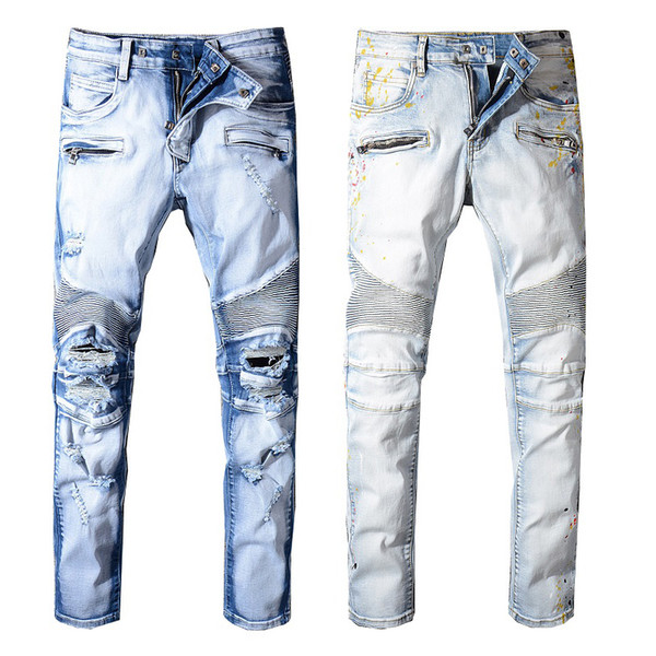 2019 Balmain Fashion New mens Biker Jeans Motorcycle Slim Fit Washed Blue Moto Denim skinny Elastic Pants Joggers For Men jeans