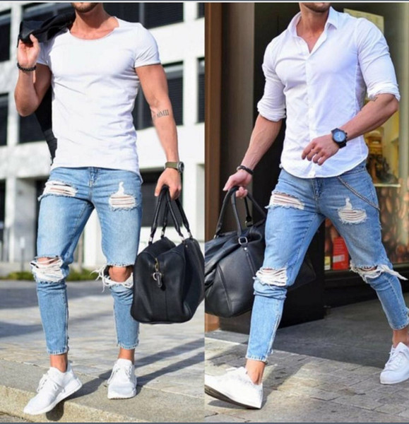 E-BAIHUI New Brand Men Jeans Summer Distressed Ripped Biker Jeans Skinny Trend Fashion Designer Pants Denim Pants Homme L029