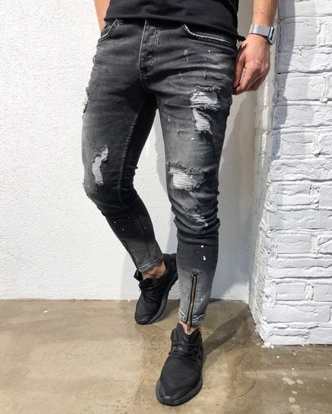 E-BAIHUI Mens Distressed Ripped Biker Jeans Slim Fit Stretch Jeans Brand Designer Men's Motorcycle Biker Denim Fashion Mens Jeans NK52