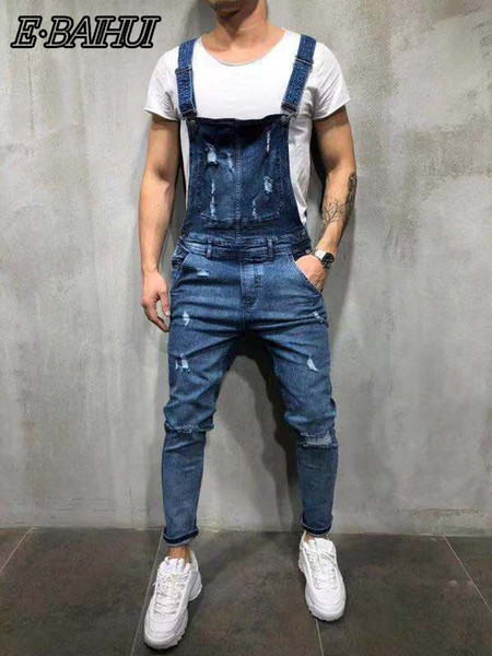 E-BAIHUI 2019 New Ripped Jeans Jumpsuit Men Fashion Streetwear Hole Denim Overalls Autumn Male Casual Pockets Vintage Jeans LF828