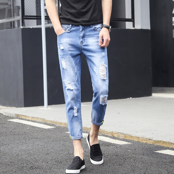 Fashion Streetwear Skinny Straight Slim Fit Ripped Jeans Mens Distressed Denim Joggers Knee Holes Washed Destroyed Biker Jeans MNZK02 RF