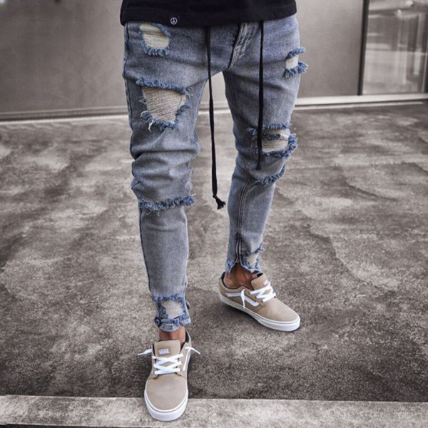 Fashion Men's Ripped Skinny Biker Hole Zipper Jeans 2018 New Destroyed Frayed Slim Fit Denim Long Pants