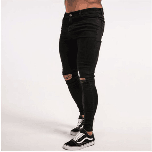 Top quality 2018 Fashion Casual High street black men's hip hop streetwear knee big hole skinny jeans men stretch feet pants men