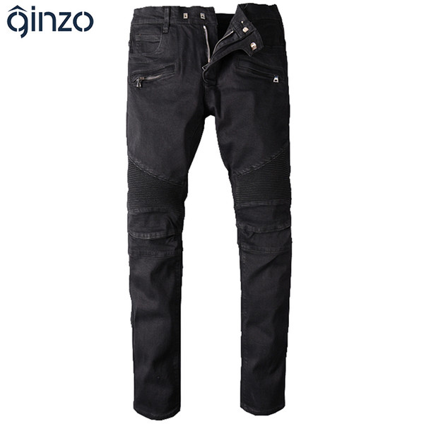 Wholesale- Men's big size black biker jeans for moto Casual classic stretch denim pants Long trousers