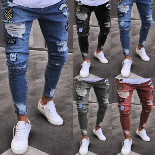 2018 New Arrival Mens Hole Jeans Plus Size S-2XL Slim Biker Casual Denim Skinny Frayed Pants Distressed Rip Jeans Black&Grey