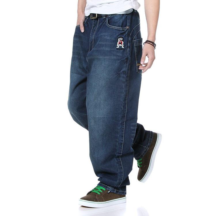 Wholesale-2015 New Mens Fashion Hiphop Pants Hip Hop Skateboard Jeans Stylish Loose Embroided Baggy Denim Trousers Plus Size 30-46, FA101