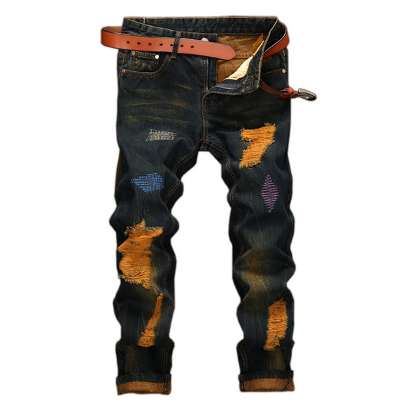 Wholesale- 2017 Hot Sale Vintage Style Baggy Ripped Jeans For Men Slim Straight Designer Denim Biker Jeans Mens Cool Clothing Wholesale