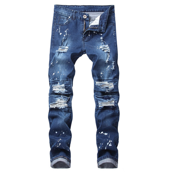 Pants Mens Autumn Denim Cotton Straight Hole Pocket Trousers Distressed Jeans Pants Men's fashion Casual Trousers oct18