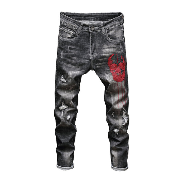 Ripped Moto Jeans for Men Male Jogger Jeans Fashionable Streetwear Hip-hop Skull Embroidery Washed Hole Design Black Slim