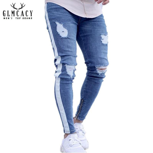 Men's Blue Side Striped Ripped Distressed Wash Denim Jeans Hip Hop Streetwear Skinny Slim Fit Straight Destroyed Pencil Pants