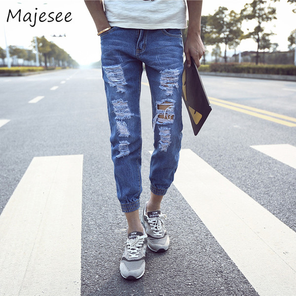 Men Jeans Mens Jean Pencil Pants Ankle-length Hole Washed Distressed Korean Style Pockets Stretchy New Students Fashion Trousers