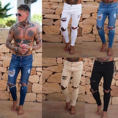 Men Hole Jeans 4 Colors Stretchy Ripped Skinny Jeans Destroyed Taped Slim Fit Denim Pants OOA6845