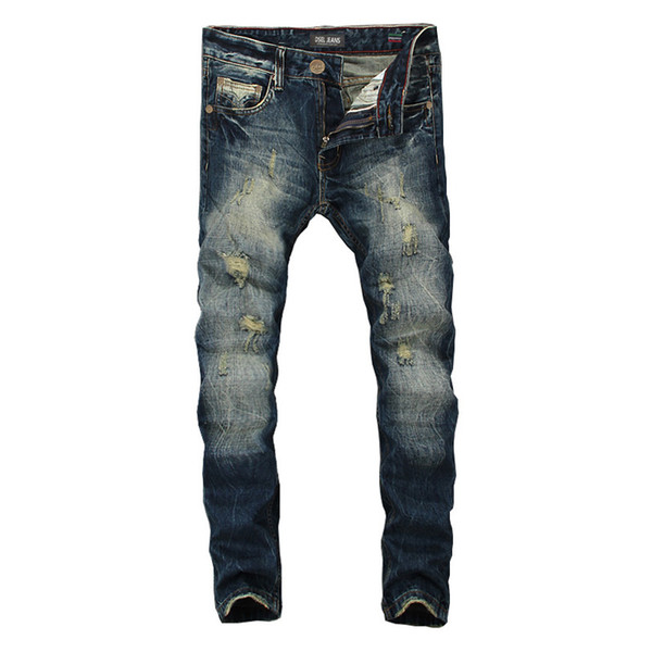 High Quality Dark Blue Print Ripped Jeans Men Original Brand Jeans Masculino Denim Trousers Men`s Moto Biker B608