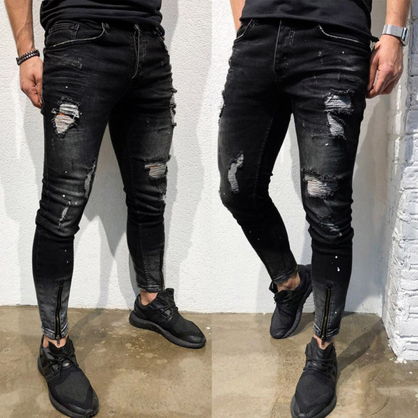 Men`s Retro Gray Fashion Stretch Denim Pants Distressed Ripped Freyed Slim Fit Jeans slim fit men jeans bottoms #CJ