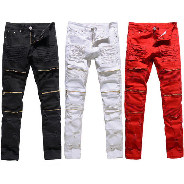 Trendy Men Fashion College Boys Skinny Runway Straight Zipper Denim Pants Destroyed Ripped Jeans Black White Red Jeans