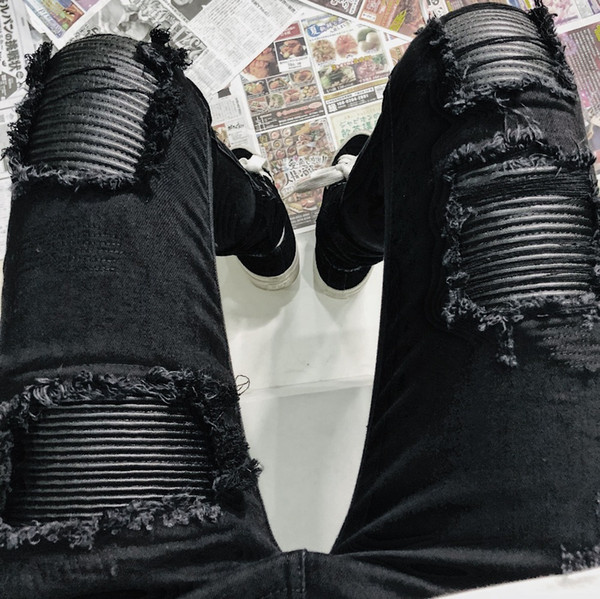 STYLE Black Icon Designer Men Ripped Jeans Black Destroyed Slim Denim Casual Skinny Ruched biker motorcycle Jeans