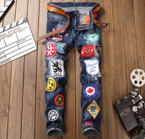 European American style Fashion mens badge hole denim jeans embroidery pattern blue men trousers jeans zipper luxury brand