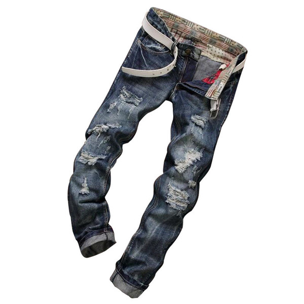 Wholesale-Fashion Brand Designer Mens Torn Jeans Pants Washed Slim Fit Distressed Denim Joggers Dark Blue Ripped Jean Trousers Man LQ073