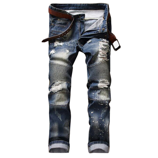 Wholesale-Brand Designer Mens Ripped Biker Jeans Pants Slim Fit Distroyed Motorcycle Denim Joggers Male Straight Destroyed Jean Trousers